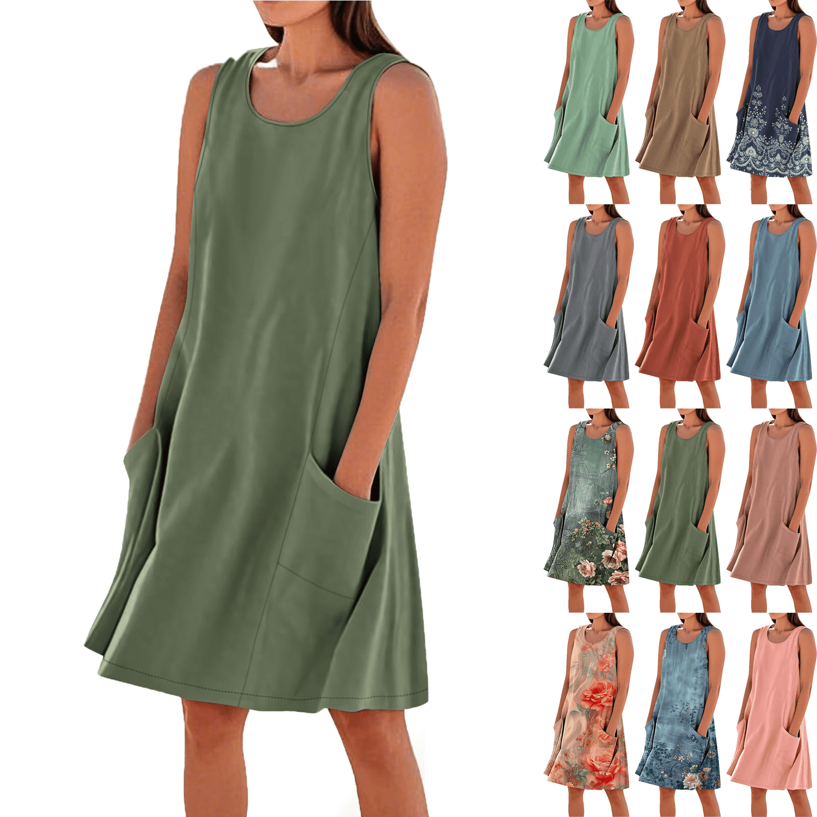 Lenago Summer Midi Dresses for Women Casual Women's Summer Fashion Solid Color Sleeveless Cotton Linen Knee-Length Dress with Side Pockets Beach Lenago Summer Midi Dresses for Women Casual Women's Summer Fashion Solid Color Sleeveless Cotton Linen Knee-Length Dress with Side Pockets Beach