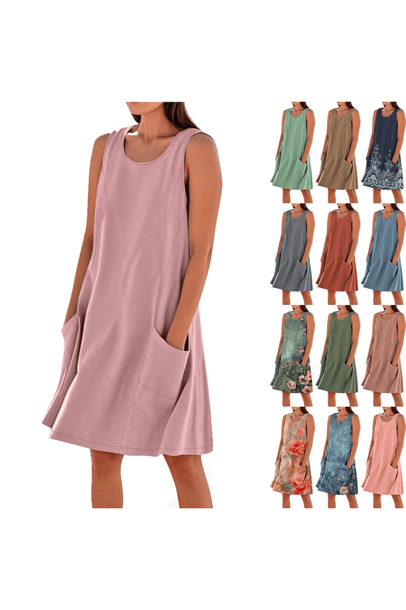 Summer Midi Dresses for Women Casual Women's Summer Fashion Solid Color Sleeveless Cotton Linen Knee-Length Dress with Side Pockets Beach Vacation Sundress Plus Size S-XXXL