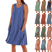 Summer Midi Dresses for Women Casual Women's Summer Fashion Solid Color Sleeveless Cotton Linen Knee-Length Dress with Side Pockets Beach Vacation Sundress Plus Size S-L