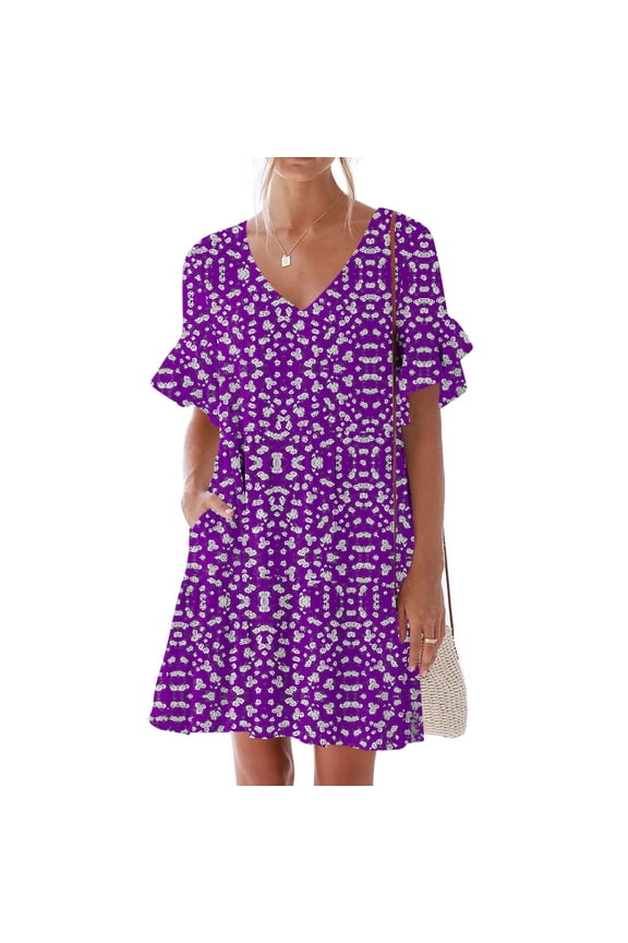 Mini Dresses for Womens 2025 Plus Size Fashion Casual Dress Sweet Cute V-Neck Dress Pocket Printed Short Sleevele Ruffle Dress