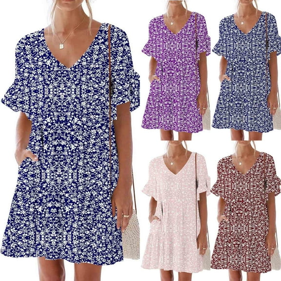 Mini Dresses for Womens 2025 Plus Size Fashion Casual Dress Sweet Cute V-Neck Dress Pocket Printed Short Sleevele Ruffle Dress