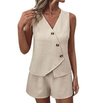Miqool Women's Summer 2 Piece Outfits Sleeveless Matching Sets Button Down V Neck Vest Waistcoat and Shorts