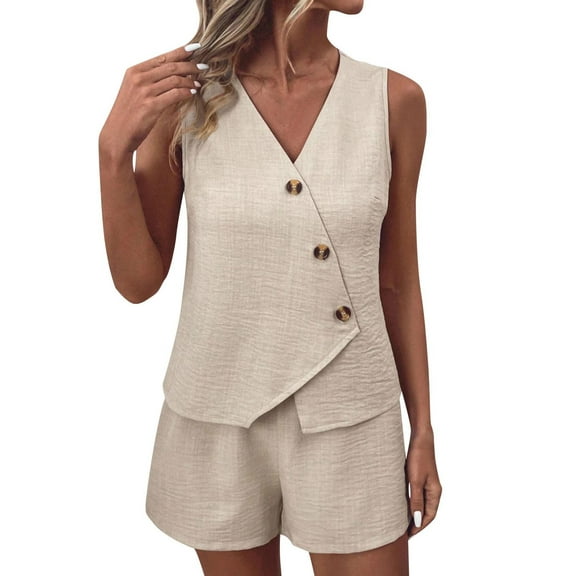 Miqool Women's Summer 2 Piece Outfits Sleeveless Matching Sets Button Down V Neck Vest Waistcoat and Shorts