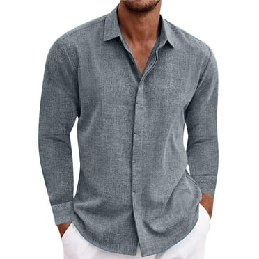 Summer Savings Mrasaso Button Down Linen Shirts for Men Casual Long Sleeve T Shirt Men Regular Fit Cotton Beach Shirts with Pocket Gray M