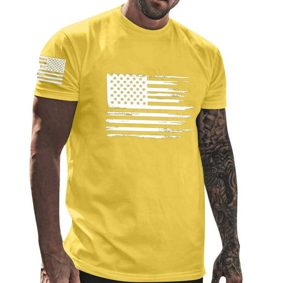 Summer Savings!NaWent 4th of July T Shirts for Men Casual Round Neck Printing Pullover Fitness Sports Shorts Sleeves T Shirt Blouse Yellow XL