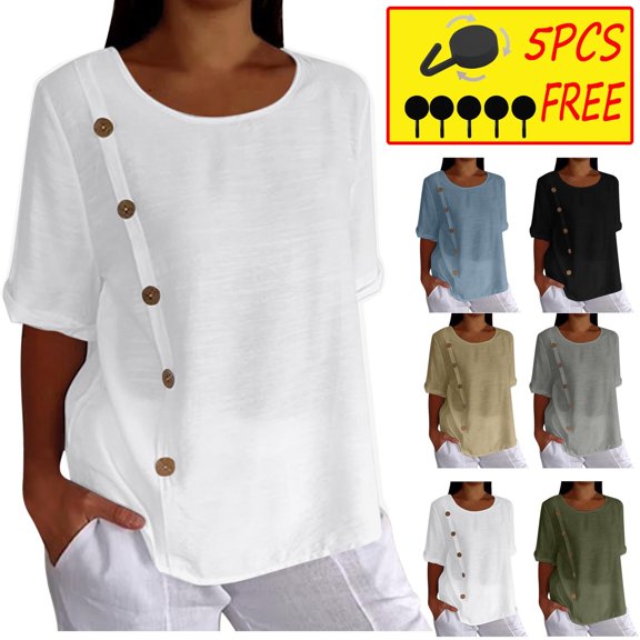 Ndbuld Basic T Shirts for Women UPF 50+ Short Sleeve Casual Summer Tops Women's Solid Cotton and Linen Button Design Half Sleeve Casual Shirt,White,2XL