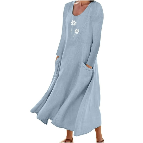 New Maxi Dresses for Womens 2026 Plus Size Fashion Long Sleeve Print Cotton Linen Round Neck Pocket Dress