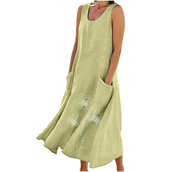New Maxi Dresses for Womens 2026 Plus Size Fashion Sleeveless Cotton And Linen Round Neck Printed Long Dress