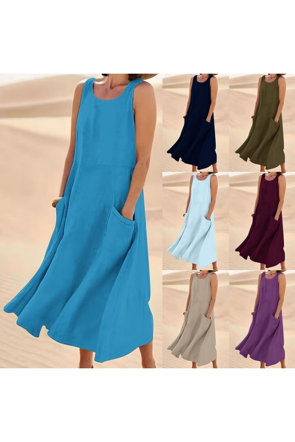 New Maxi Dresses for Womens 2026 Plus Size Fashion Sleeveless Cotton And Linen Round Neck Solid Color Long Dress With Pocket