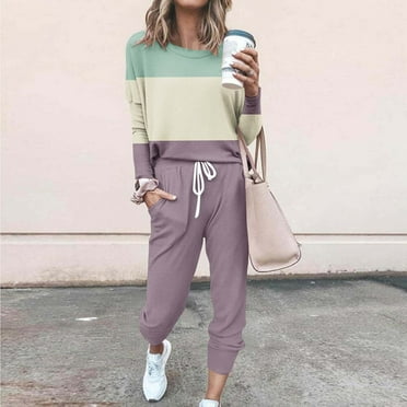 Summer Savings Ofreoo Women's Fashionable Loose Fitting Color Matching Long Sleeved Casual Set Sweatsuits Women 2 Piece Outfit,Plus Size ,Size S-5XL