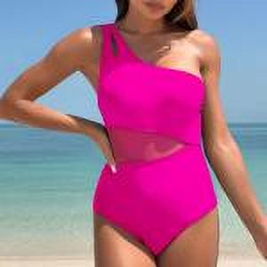 Summer One Piece Swimsuit Women Mesh Cutout One Shoulder Swimsuit Solid Color Bathing Suit High Waist Mesh Slimming Swimsuit