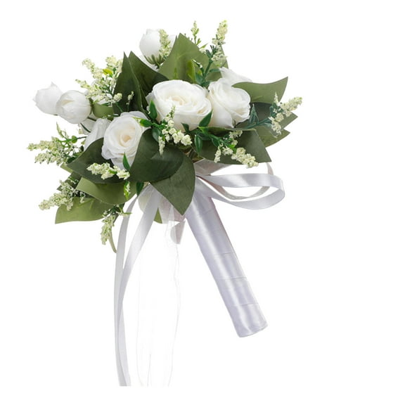 Summer Savings! Outoloxit Wedding Bouquets for Bride, Champagne White Rose Bridal Bouquets for Bride, Artificial Flower Bouquet for Wedding, Bridesmaid Bouquets with Silk Ribbon, Valenti, White
