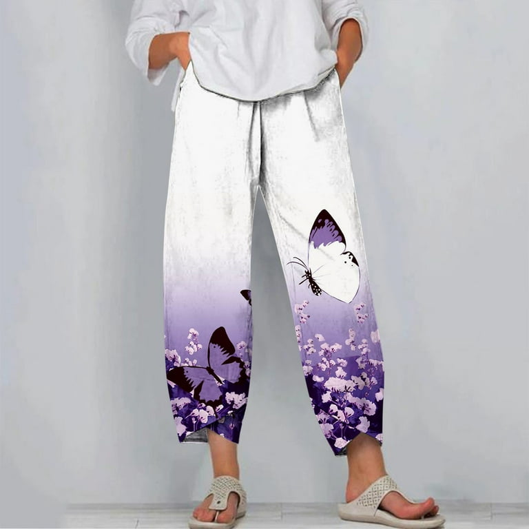 Summer Savings,POROPL Casual Pocket Slim High Elastic Waist Print Sports  Cotton Linen Pants Wide Leg Pants for Women Clearance Purple Size 10 