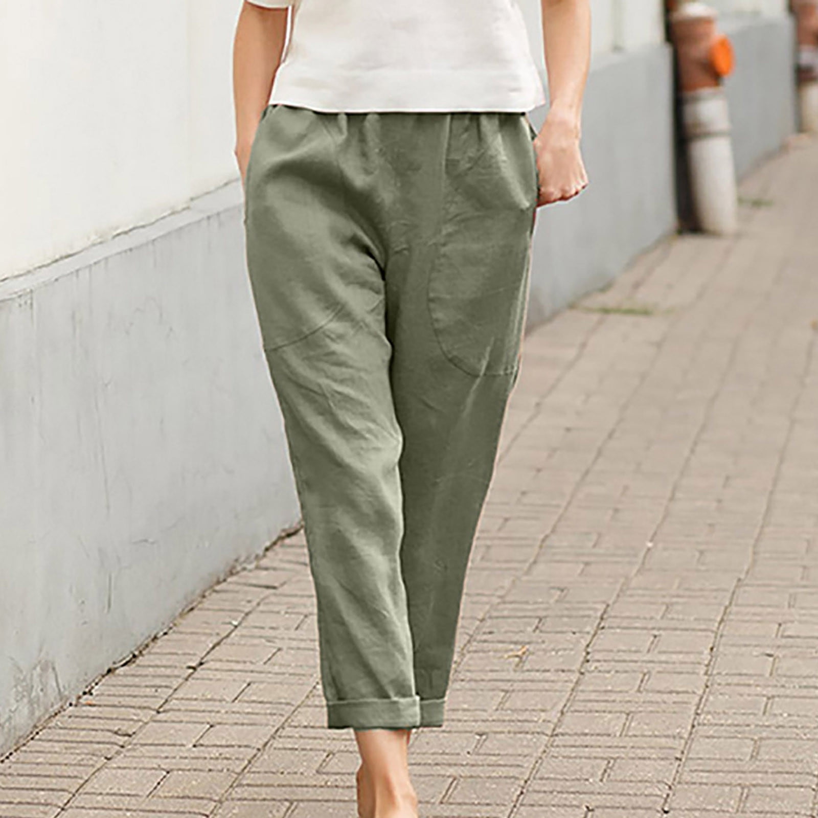 HWRETIE Plus Size Women Pants Clearance Fashion Women Solid Color Linen  Sashes Straight Casual Long Pants Trousers Rollbacks Army Green XL