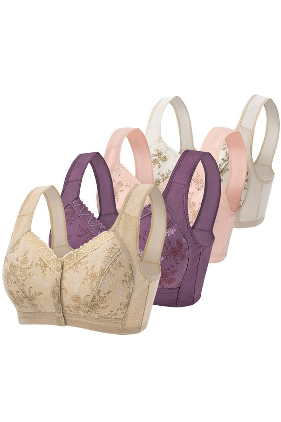 4 Pack Daisy Bras for Old Women Comfortable Convenient Front Closure No Underwire Support Bras Full Coverage Everyday Sleep Bras (Available in Plus Size)
