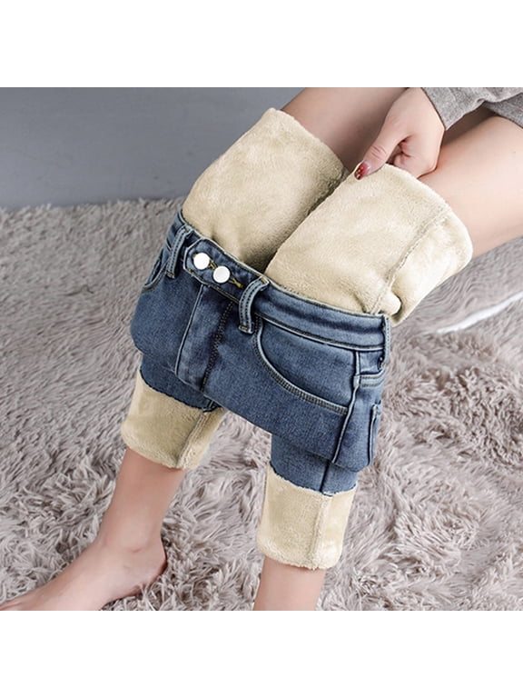 Jeans for Women Winter Warm Fleece Lined Thermal Jeggings High Waisted Thick Flannel Pants Stretch Warm Jeggings with Pockets