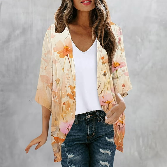 Clearance Clothes Pitauce Kimono Cardigans for Women Puff Sleeve Sheer Chiffon Casual Open Front Lightweight Cardigan Summer Sun Protection Beach Cover Ups