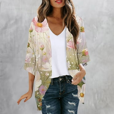 Clearance Clothes Pitauce Kimono Cardigans for Women Puff Sleeve Sheer Chiffon Casual Open Front Lightweight Cardigan Summer Sun Protection Beach Cover Ups