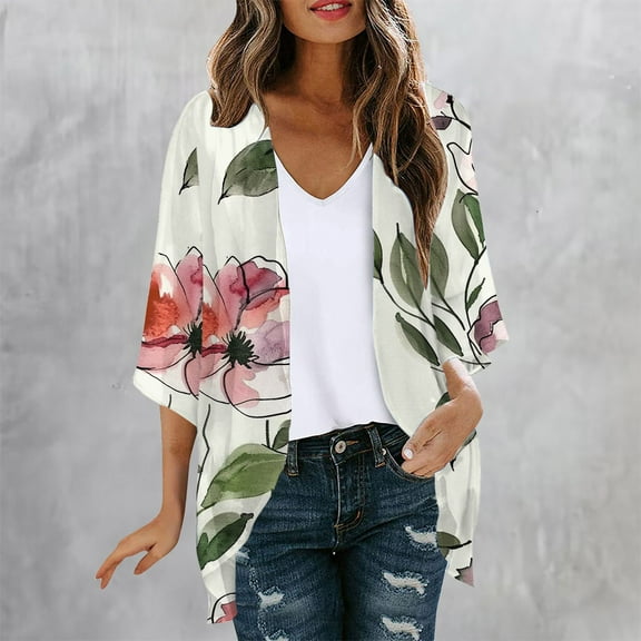 Pitauce Kimono Cardigans for Women Puff Sleeve Sheer Chiffon Casual Open Front Lightweight Cardigan Summer Sun Protection Beach Cover Ups