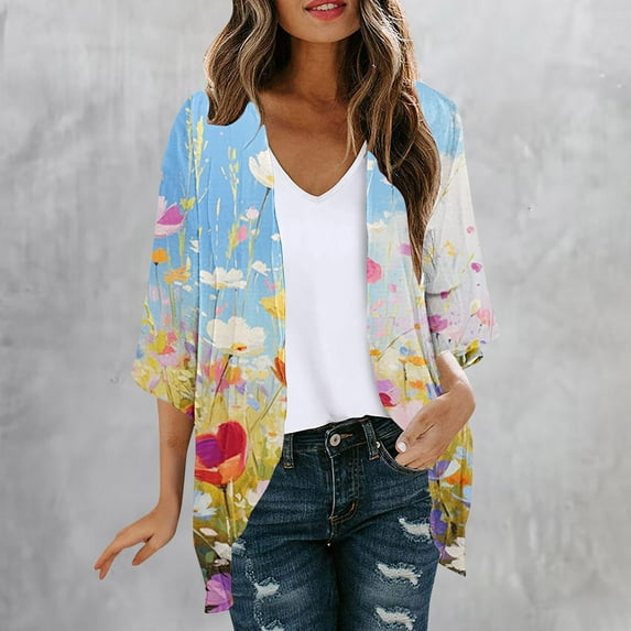 Clearance Clothes Pitauce Kimono Cardigans for Women Puff Sleeve Sheer Chiffon Casual Open Front Lightweight Cardigan Summer Sun Protection Beach Cover Ups