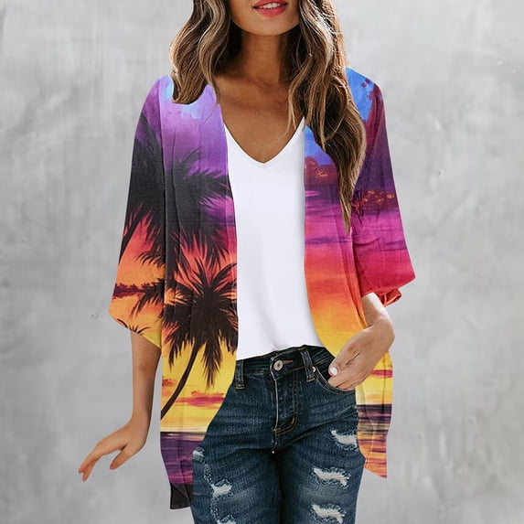 Clearance Clothes Pitauce Lightweight Cardigan for Women Tropical Print Puff Sleeve Chiffon Kimono Cardigan Summer Sun Protection Open Front Sheer Blouse Tops