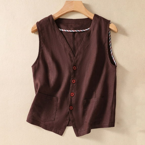 Pitauce Linen Cardigan, Lightweight Cardigan for Women Button Down Sleeveless V-Neck Blazer Waistcoat Casual Loose Open Front Vest Jackets with Pockets