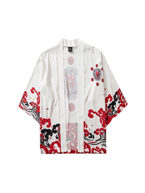 Men's 3/4 Sleeve Vintage Print Kimono Cardigan Open Front Casual Loose Lightweight Shirts Summer Beachwear M-3XL