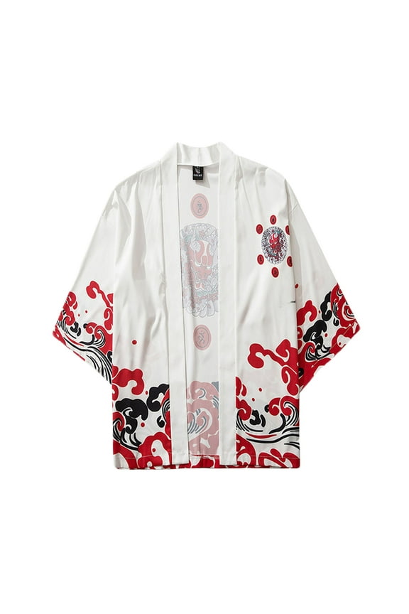 Men's 3/4 Sleeve Vintage Print Kimono Cardigan Open Front Casual Loose Lightweight Shirts Summer Beachwear M-3XL