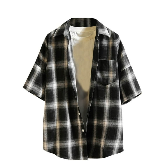 Pitauce Men's Short Sleeve Button Down Cotton Shirts Plaid Print Lapel Collar Open Front Cardigan with Pockets (Available in Big & Tall)