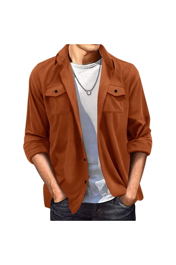 Men's Suede Jacket Lapel Collar Button Down Long Sleeve Shirts Vintage Hoodless Casual Loose Fit Top Coat with Pocket