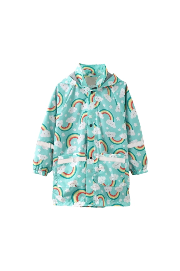 Rain Jackets for Girls and Boys Toddlers Raincoat Jacket Cute Print Lightweight Waterproof Hooded Mid-Length Jacket with Pockets