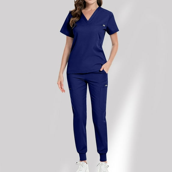 Summer Savings! Pitauce Scrub Set for Women Solid Color V Neck Short Sleeve Tops Long Pants Protective Outfits Nursing Working Uniform Set with Pocket