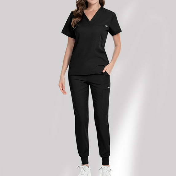 Summer Savings! Pitauce Scrub Set for Women Solid Color V Neck Short Sleeve Tops Long Pants Protective Outfits Nursing Working Uniform Set with Pocket