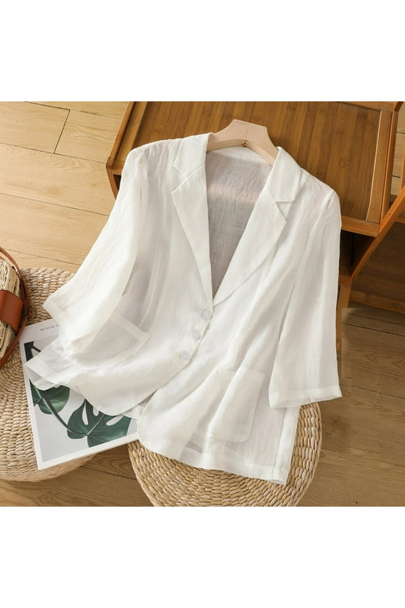 Women's 3/4 Sleeve Chiffon Sheer Soft Breathable Cardigan Button Down Lapel Lightweight Blazer Jackets Summer Casual Sun Protection Blouses with Pockets