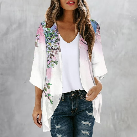 Pitauce Women's Chiffon Sheer Kimono Cardigans Puff Sleeve Floral Print Lightweight Cardigan Summer Sun Protection Vacation Beach Cover Up