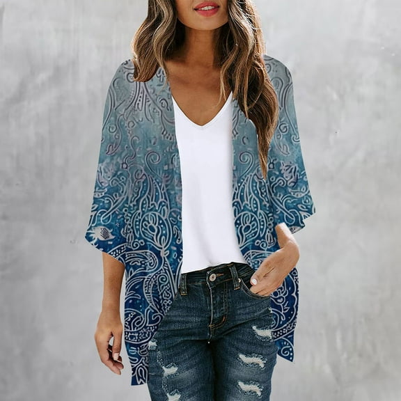 Pitauce Women's Chiffon Sheer Kimono Cardigans Puff Sleeve Floral Print Lightweight Cardigan Summer Sun Protection Vacation Beach Cover Up
