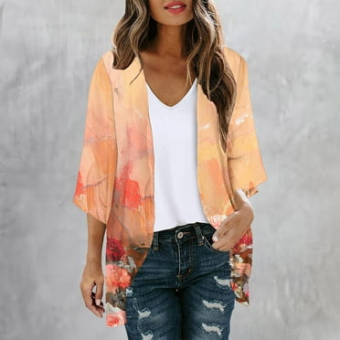 Up to 65% off Pitauce Women's Chiffon Sheer Kimono Cardigans Puff Sleeve Floral Print Lightweight Cardigan Summer Sun Protection Vacation Beach Cover Up