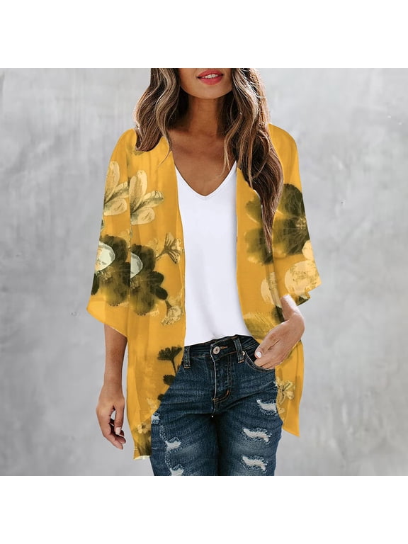 Up to 65% off Pitauce Women's Chiffon Sheer Kimono Cardigans Puff Sleeve Floral Print Lightweight Cardigan Summer Sun Protection Vacation Beach Cover Up