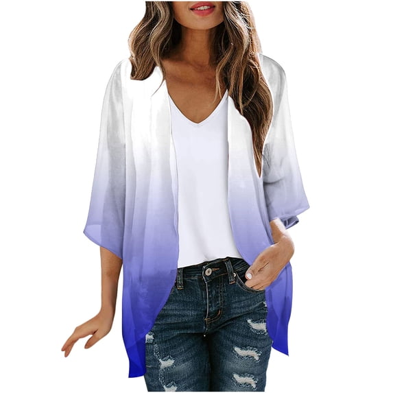 Clearance Clothes Pitauce Women's Gradient Color Chiffon Lightweight Cardigan Puff Sleeve Summer Breathable Open Front Sheer Kimono Cardigan Casual Loose Sun Protection Bathing Suit Cover Up