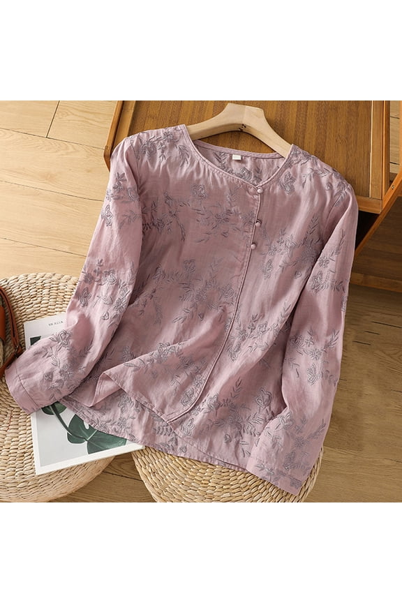 Women's Long Sleeve Button Down Linen Shirts Casual Loose Crew Neck Pullover Blouse Floral Embroidery Lightweight Breathable Tops