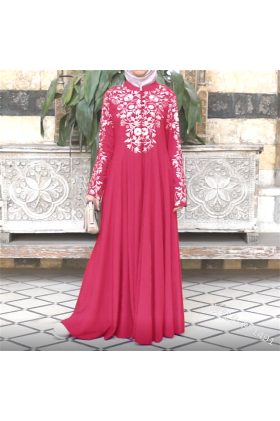Women's Muslim Dress Islamic Flower Embroidery Patchwork Long Sleeve Maxi Dress Length-Floor Ramadan Vintage Robe with Buttons