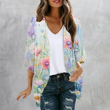 Clearance Clothes Pitauce Women's Puff Sleeve Sheer Chiffon Kimono Cardigans Summer Casual Bathing Suit Cover Up Loose Open Front Lightweight Cardigan