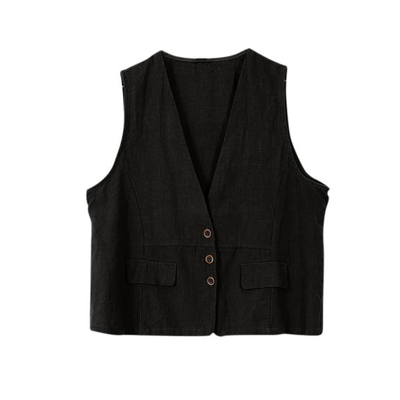 Pitauce Women's V-Neck Button Down Sleeveless Linen Vest Casual Loose Open Front Crop Tops Lightweight Cardigan Blazer Waistcoat Jacket