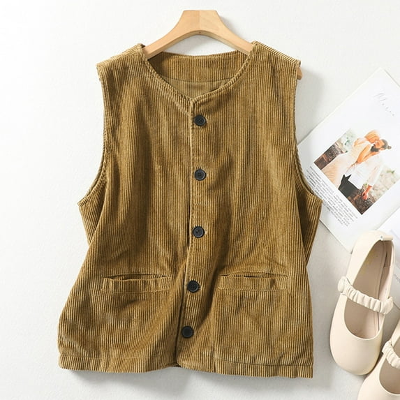 Summer Savings! Pitauce Womens Sleeveless Button Down Corduroy Vest Casual Open Front Lightweight Cardigan Soft Jackets Tops with Pockets, M-2XL