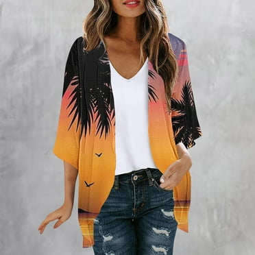 Clearance Clothes Pitauce Womens Summer Tropical Print Chiffon Kimono Cardigan Puff Sleeve Open Front Breathable Lightweight Cardigan Sun Protection Swimsuit Coverup for Beach Vacation
