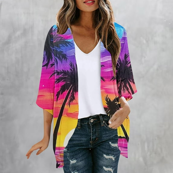 Clearance Clothes Pitauce Womens Summer Tropical Print Chiffon Kimono Cardigan Puff Sleeve Open Front Breathable Lightweight Cardigan Sun Protection Swimsuit Coverup for Beach Vacation