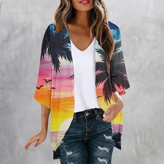 Clearance Clothes Pitauce Womens Summer Tropical Print Chiffon Kimono Cardigan Puff Sleeve Open Front Breathable Lightweight Cardigan Sun Protection Swimsuit Coverup for Beach Vacation