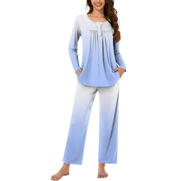 Plus Size 2 Picec of Outfit Sets for Womens Casual Loose Printed Round Neck Button Up Long Sleeved Pants Pajama Set