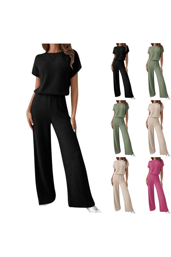 Plus Size 2 Picec of Outfit Sets for Womens Casual Solid Color Pants Raglan Short Sleeve Round-Neck Blouses Set