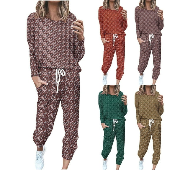 Plus Size 2 Picec of Outfit Sets for Womens Loose Printed Long Sleeved Round Neck Drawstring Casual Set